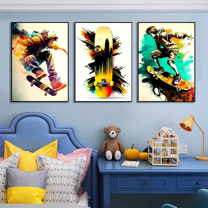 Three framed canvas prints featuring skateboarders and extreme sports in vibrant colors