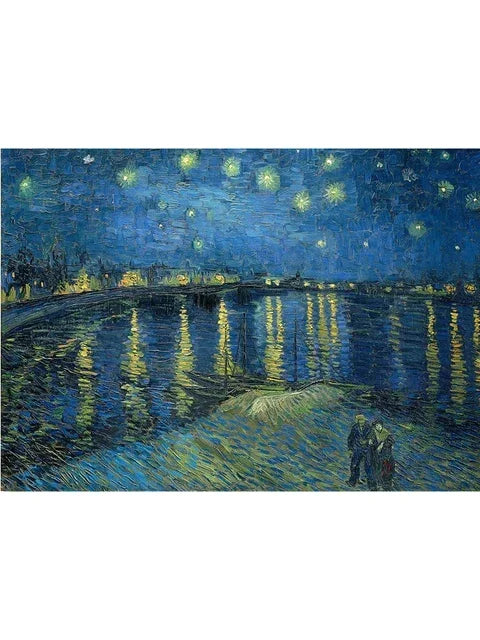A night landscape painting featuring a dark blue sky, water reflections, and distant lights.