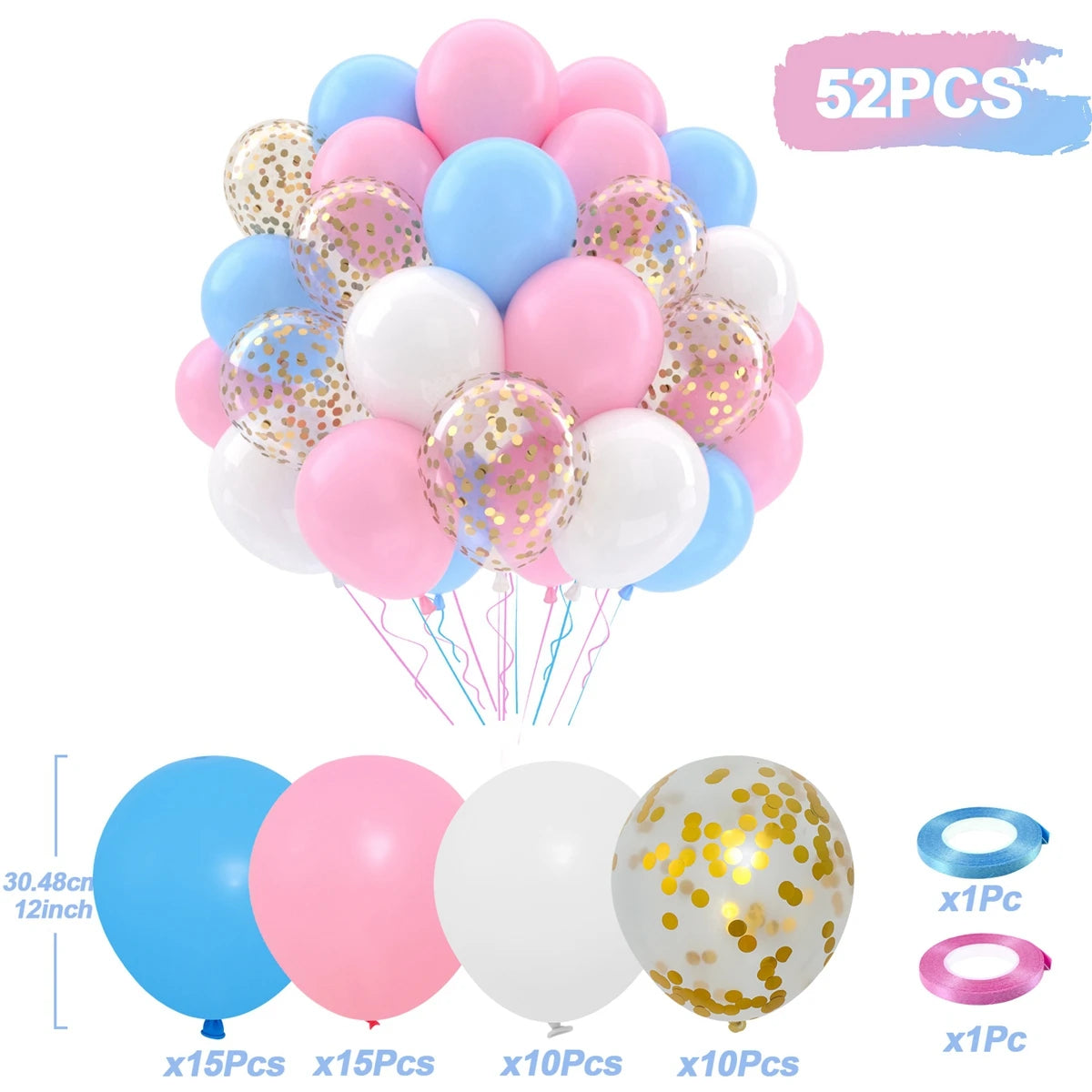 A pack of 52 balloons in various shades of pink, blue, and white with gold confetti accents for party decor.