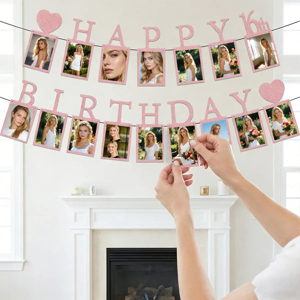 A photo banner for a sweet sixteen featuring 16 pink card frames with photos of young women.
