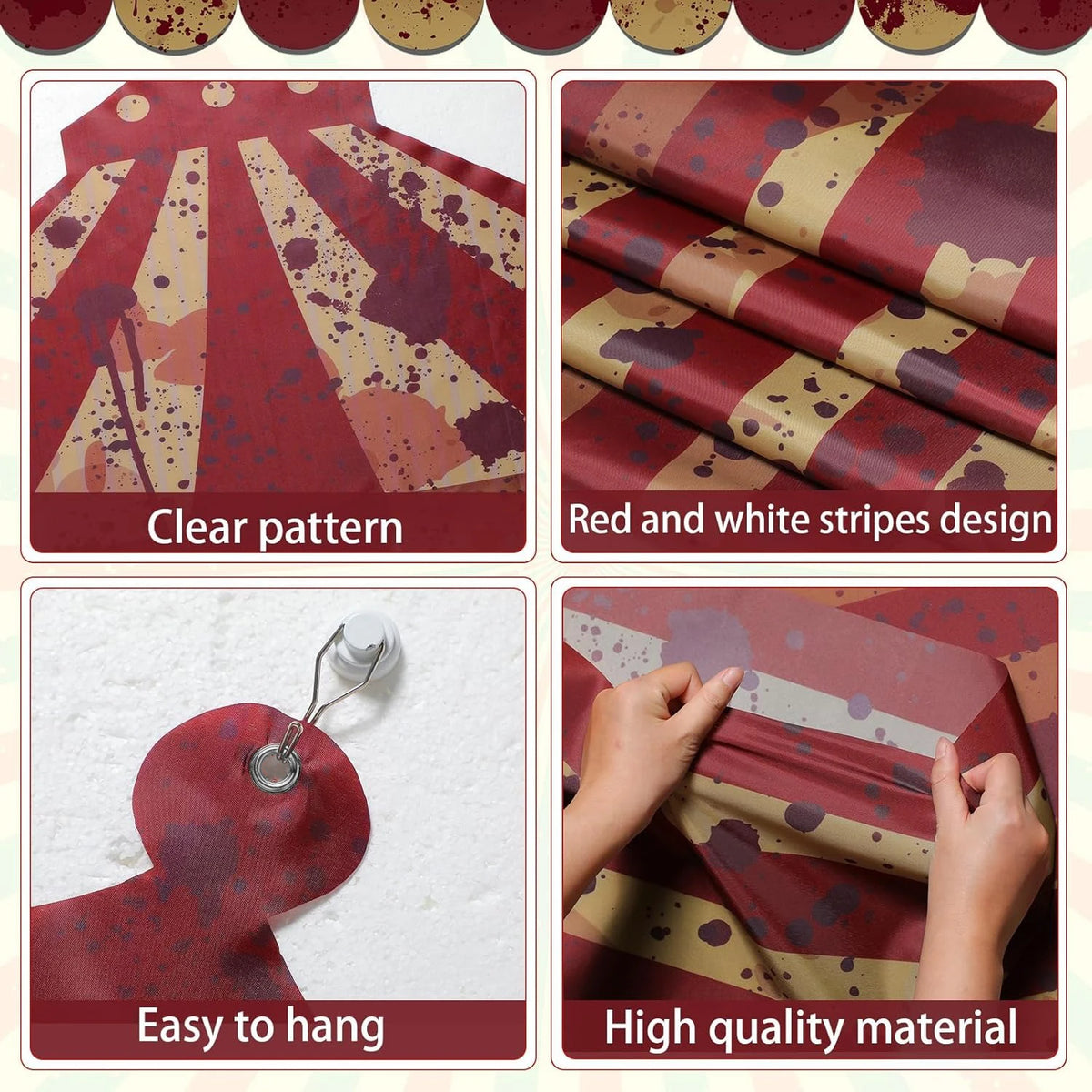 Red and gold patterned fabric featuring stripes, designed for a horror circus door arch banner.