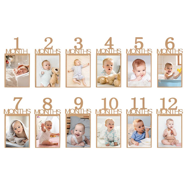 Ensemble de douze bannières photo mensuelles de jalons pour bébé, de un à douze mois