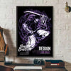 A dark poster featuring an anime style character with a sword, rendered in purple and black tones.