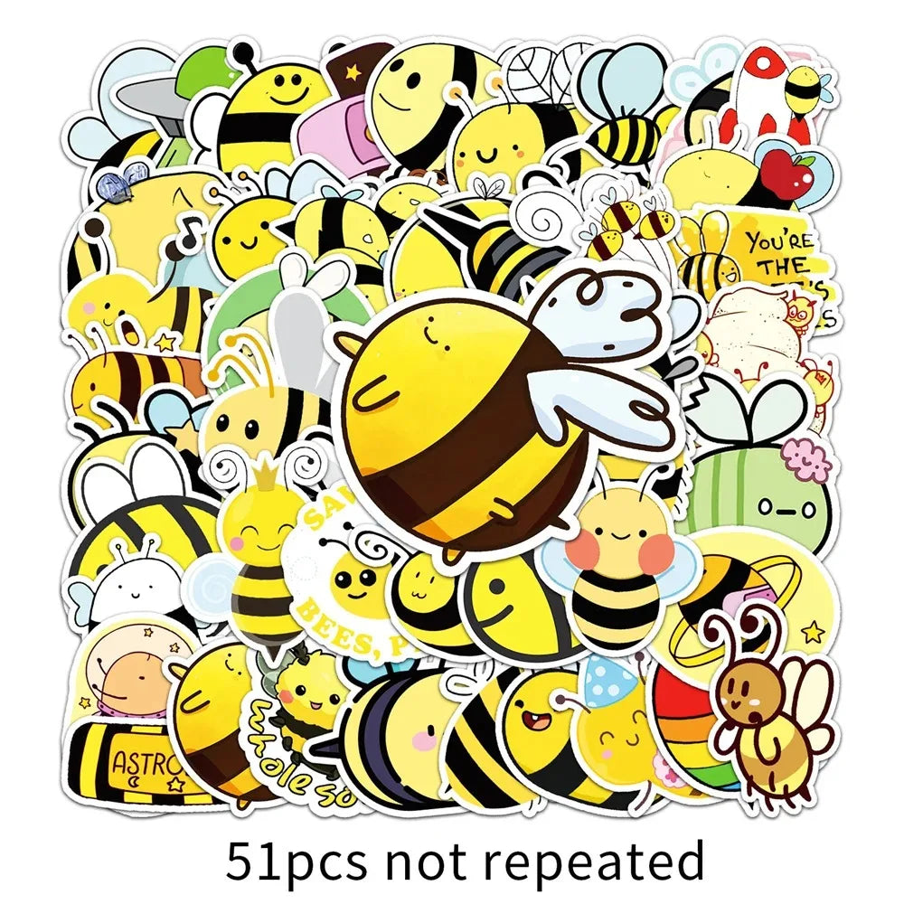 A collection of 51 unique cartoon animal bee stickers featuring various yellow and black bees.