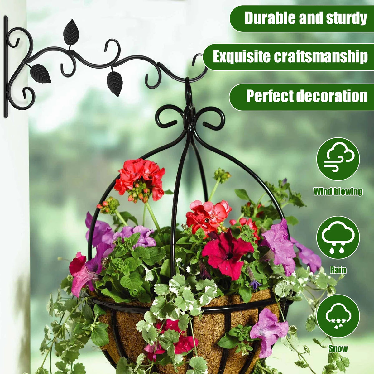 Black vintage iron wall hooks holding a hanging basket of colorful flowers and greenery