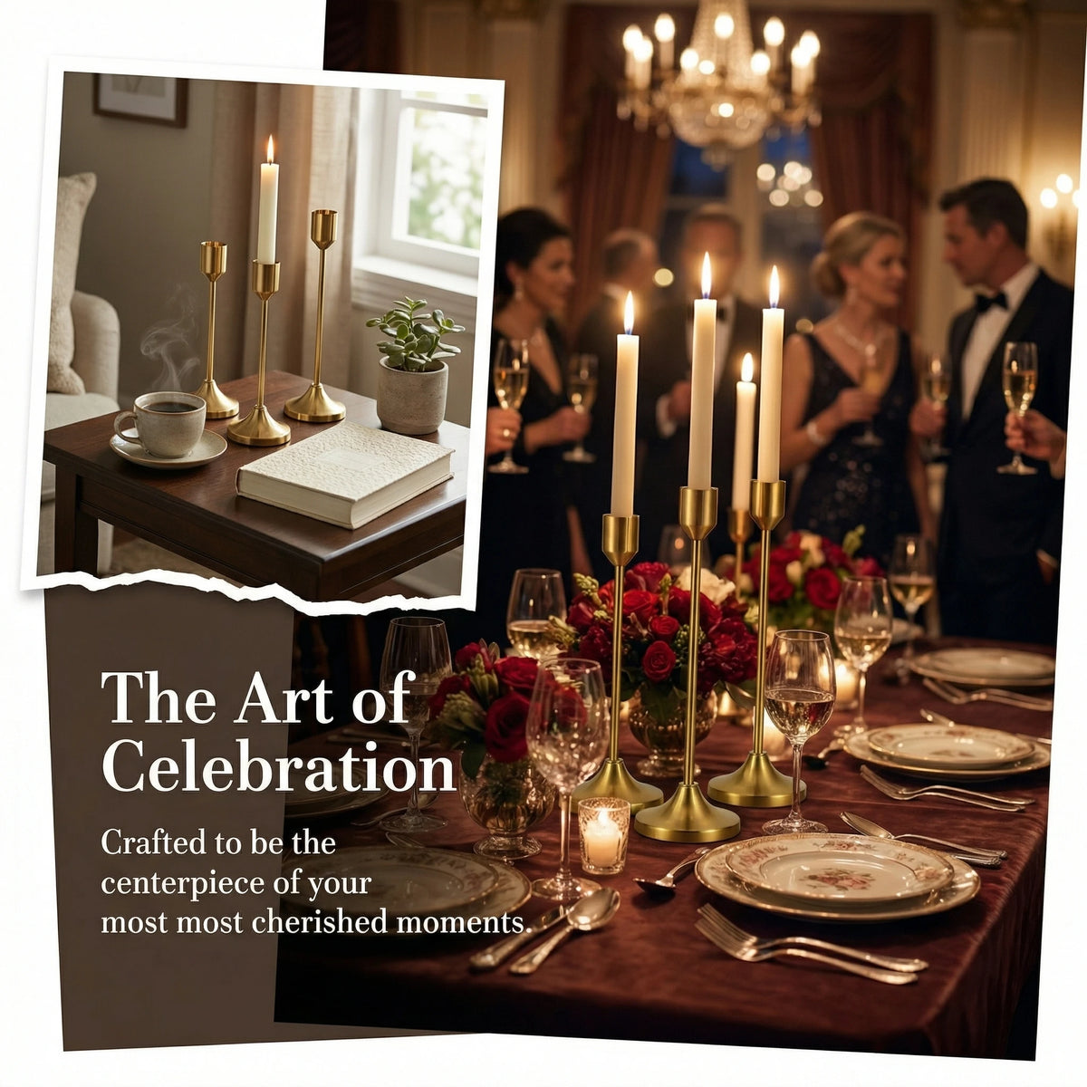 A close-up of a table setting featuring modern metal taper candle holders and red floral arrangements for celebration decor.