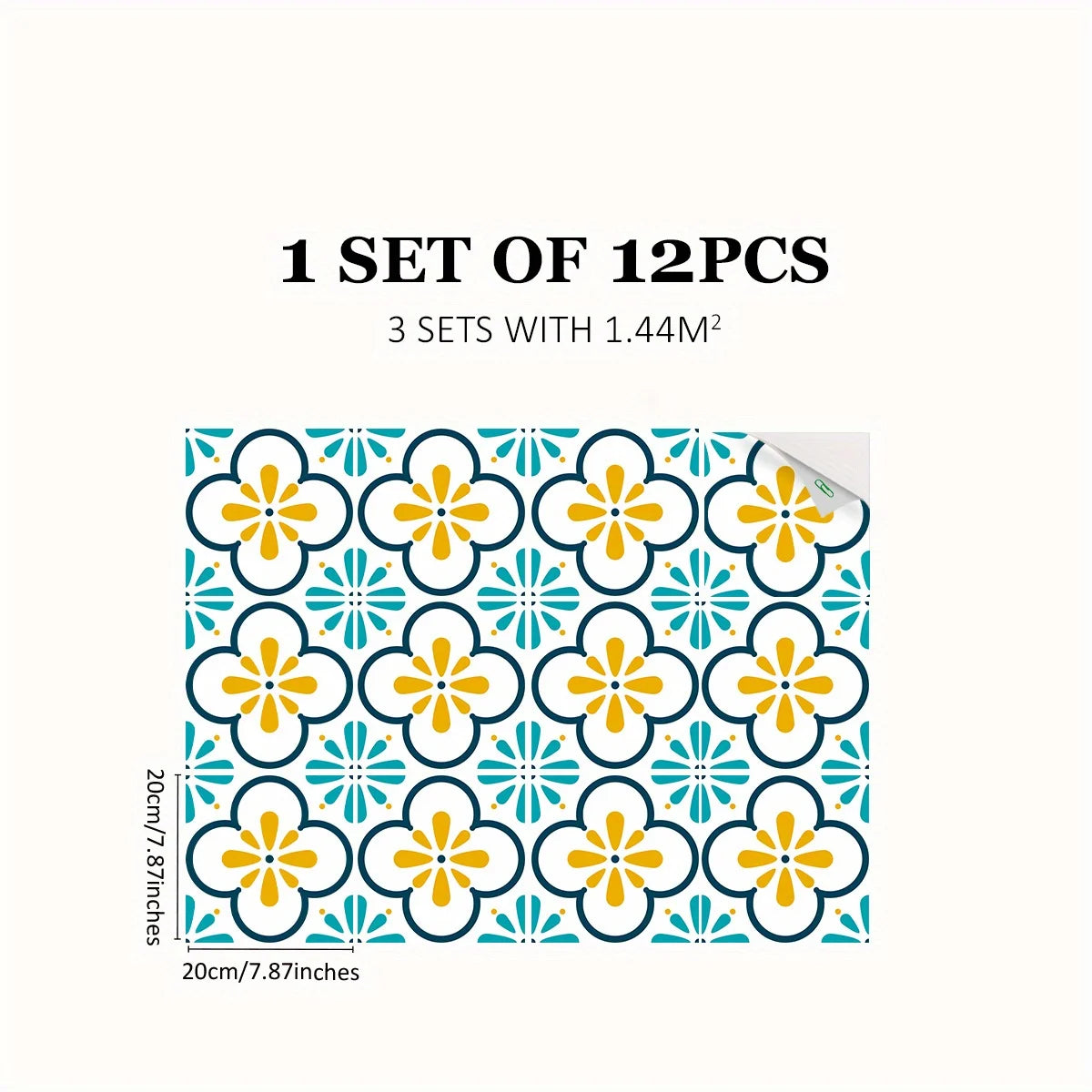 A set of 12 Moroccan pattern floor stickers featuring yellow and blue floral designs.