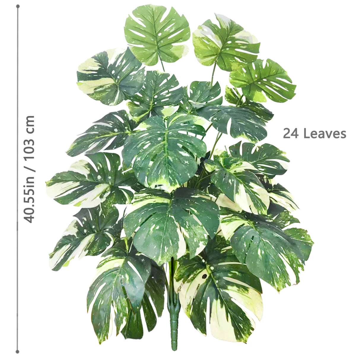A lush artificial monstera plant with variegated green and white silk leaves shown against a white background.
