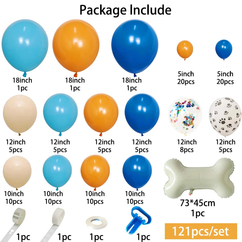 A package include of various colored balloons and a dog bone shaped balloon, totaling 121 pieces for party decorations.