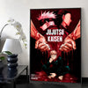 Wall art featuring a dramatic illustration of a character with pink hair and blood splatter, titled Jujutsu Kaisen Kaisen.