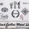 Black cutout metal sign featuring various words and icons like Coffee, Tea, Kitchen, Family, and Home for wall decor