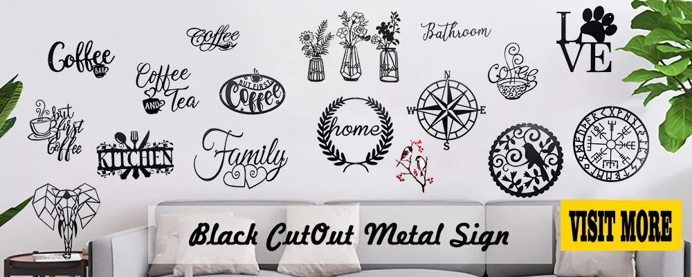 Black cutout metal sign featuring various words and icons like Coffee, Tea, Kitchen, Family, and Home for wall decor