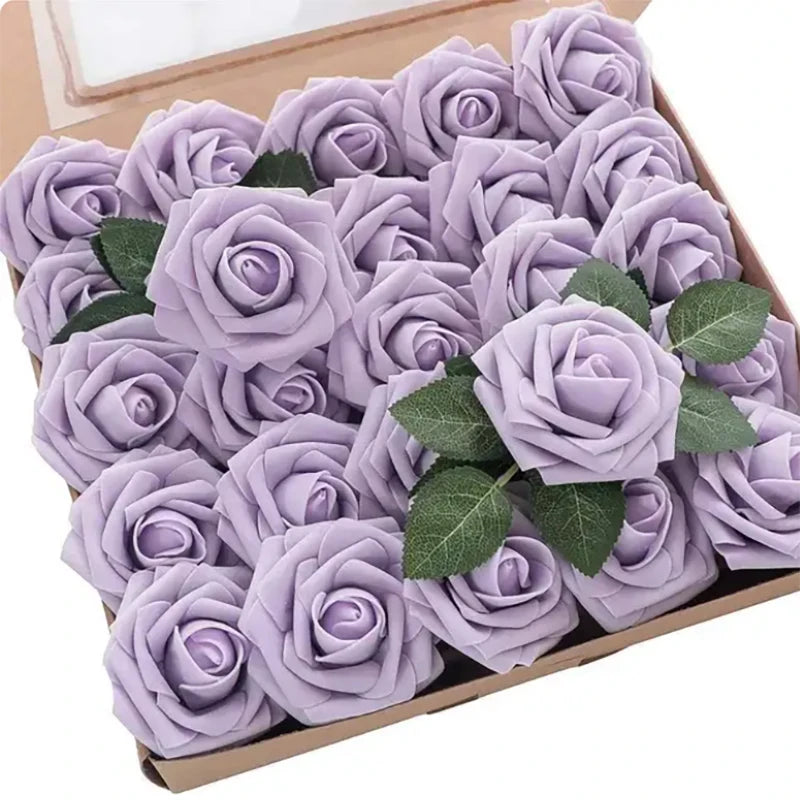 A box filled with realistic purple foam rose artificial flowers for weddings and home decor
