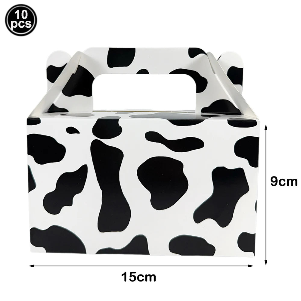 A white cardboard box with a black cow print pattern, used for number foil balloons.