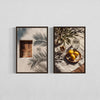 Two framed botanical prints featuring shadows of palm leaves and olive branches on a light background.