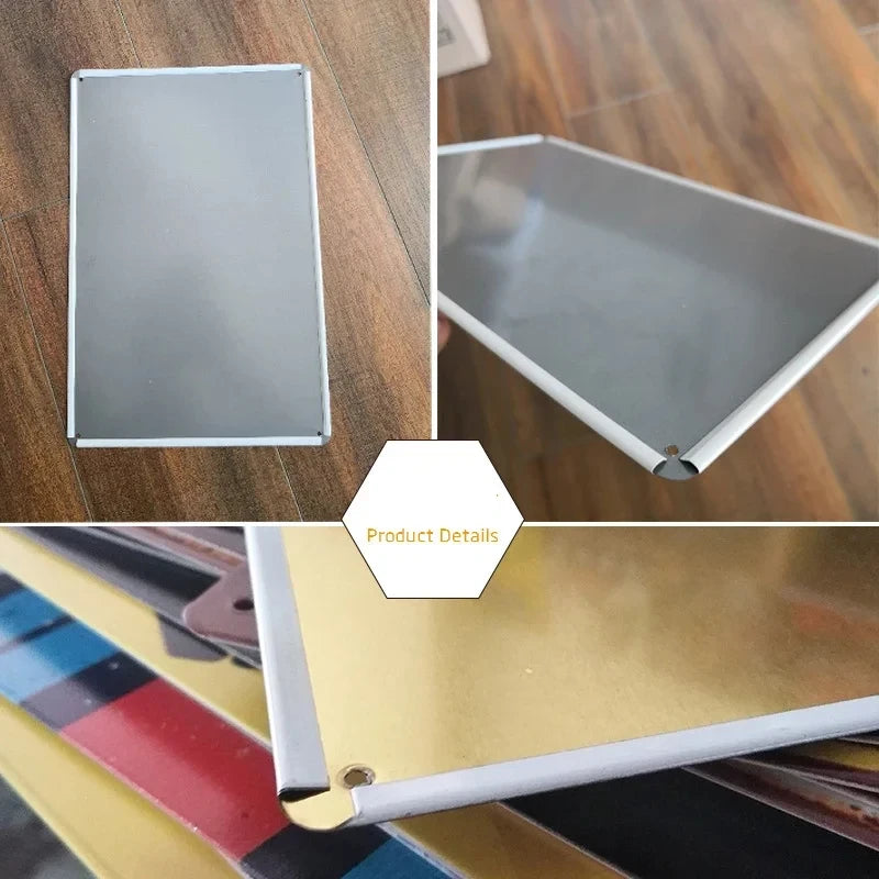 A vintage metal wall sign in silver color shown in different angles, including a rectangular plaque and a slanted tray.