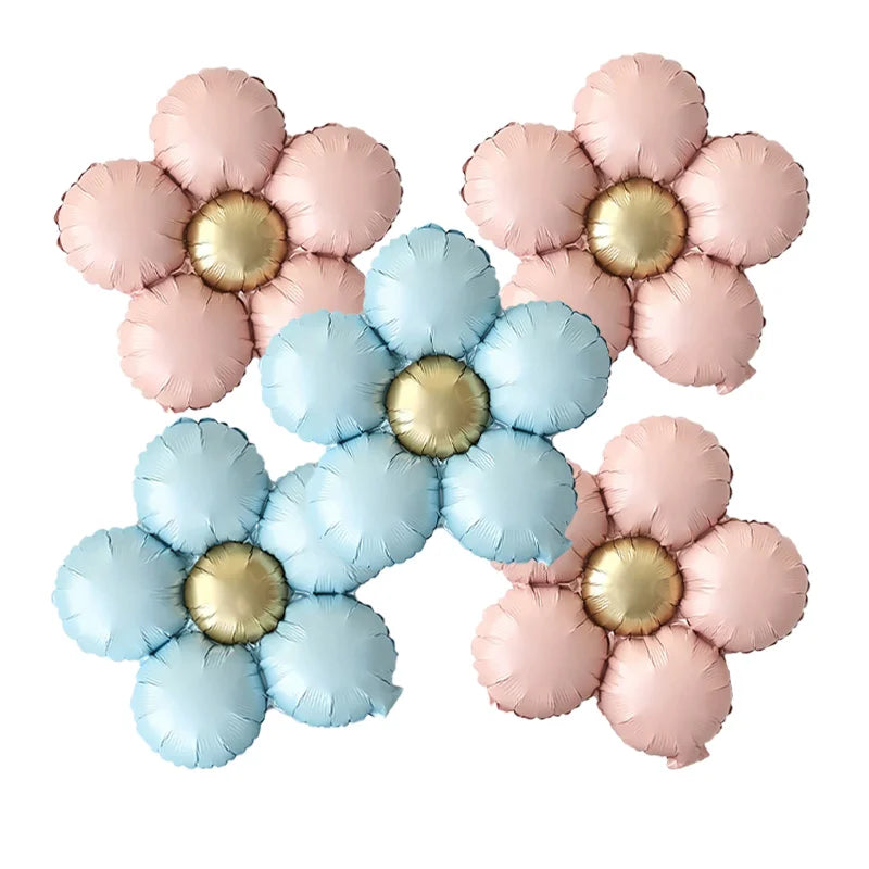 A set of five matte foil balloons in pink and gold daisy designs.