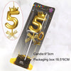 A gold number 5 candle in a packaging box with a crown topper and ribbon, displayed against white fluff.