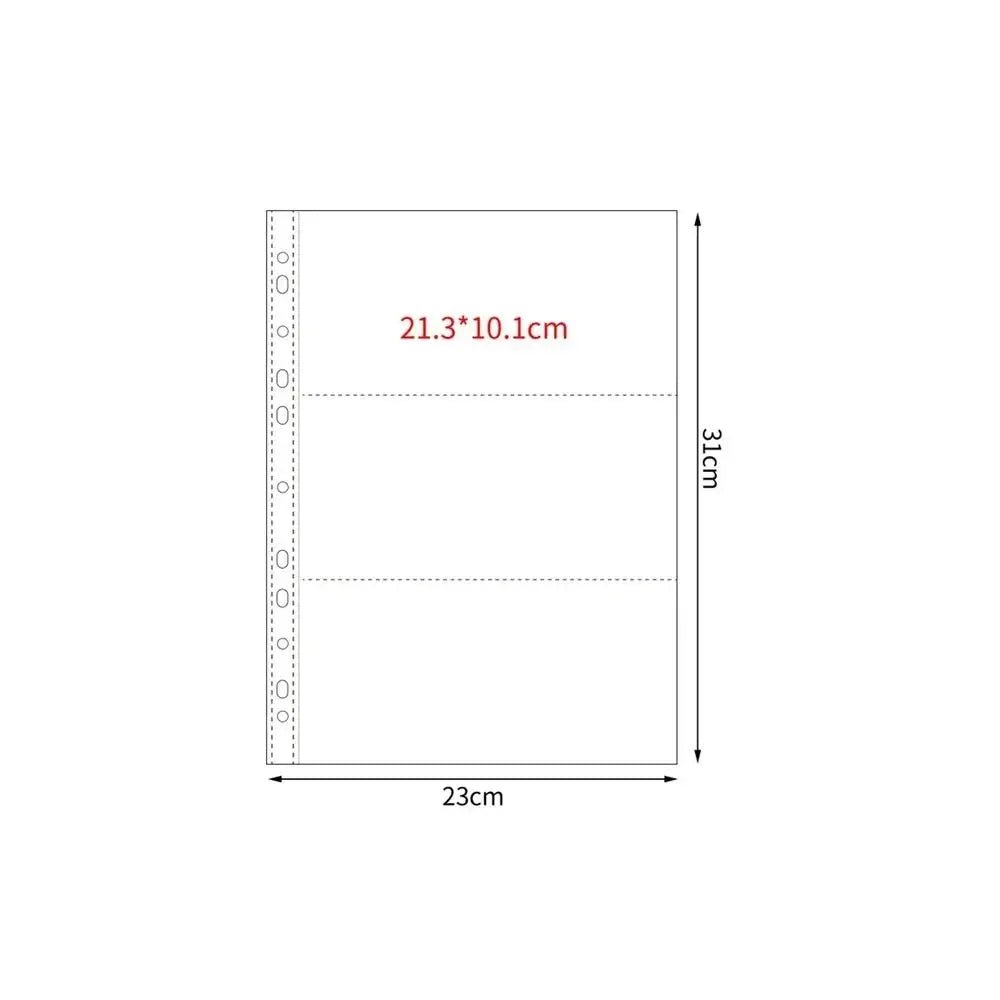 Hoja de fundas para photocards Kpop A4, dimensiones 21.3 x 10.1 cm y altura total de 31 cm.