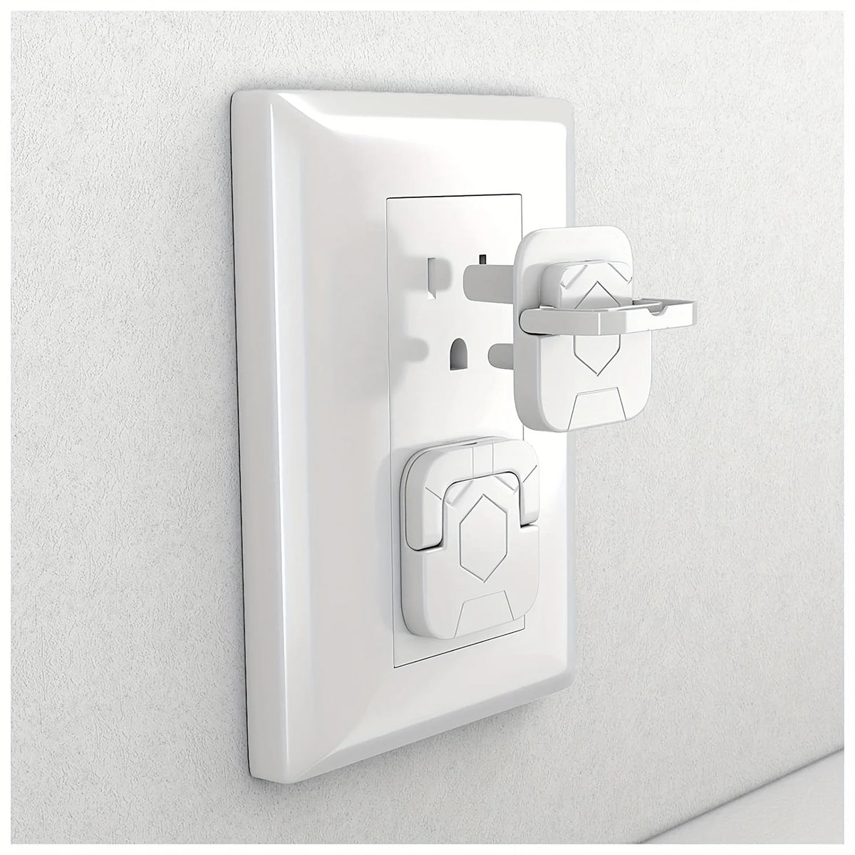 A white childproof electrical outlet plug with an easy-grip handle mounted on a wall.