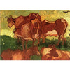 An oil painting depicting several brown and reddish-brown cattle in a grassy field under a yellow sky.