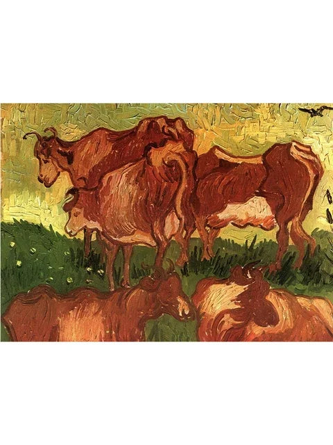 An oil painting depicting several brown and reddish-brown cattle in a grassy field under a yellow sky.