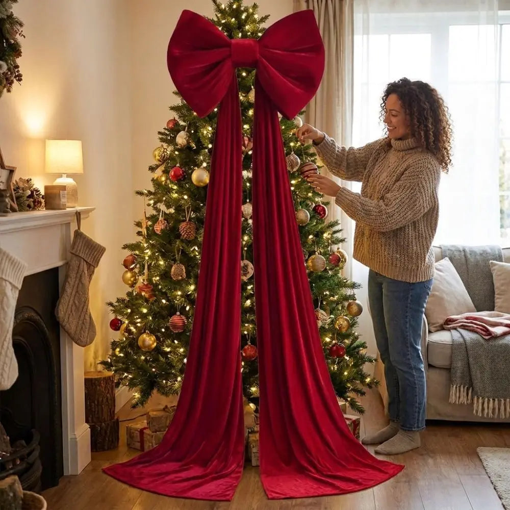 A woman in a sweater is decorating a Christmas tree with a large red velvet bow and long streamers.
