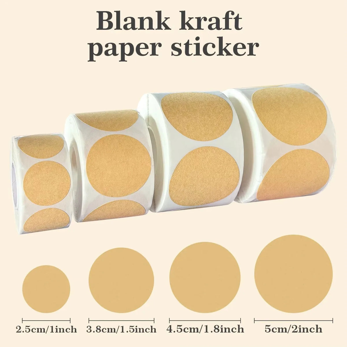 Rolls of blank kraft paper stickers in various sizes and colors for gift wrapping