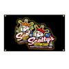 A black banner featuring two cartoon characters with crowns and text for Scotty's Custom Shop.
