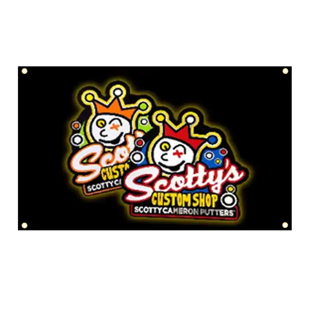 A black banner featuring two cartoon characters with crowns and text for Scotty's Custom Shop.