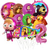 A set of pink and yellow balloons featuring characters from Masha and Bear for a party decoration
