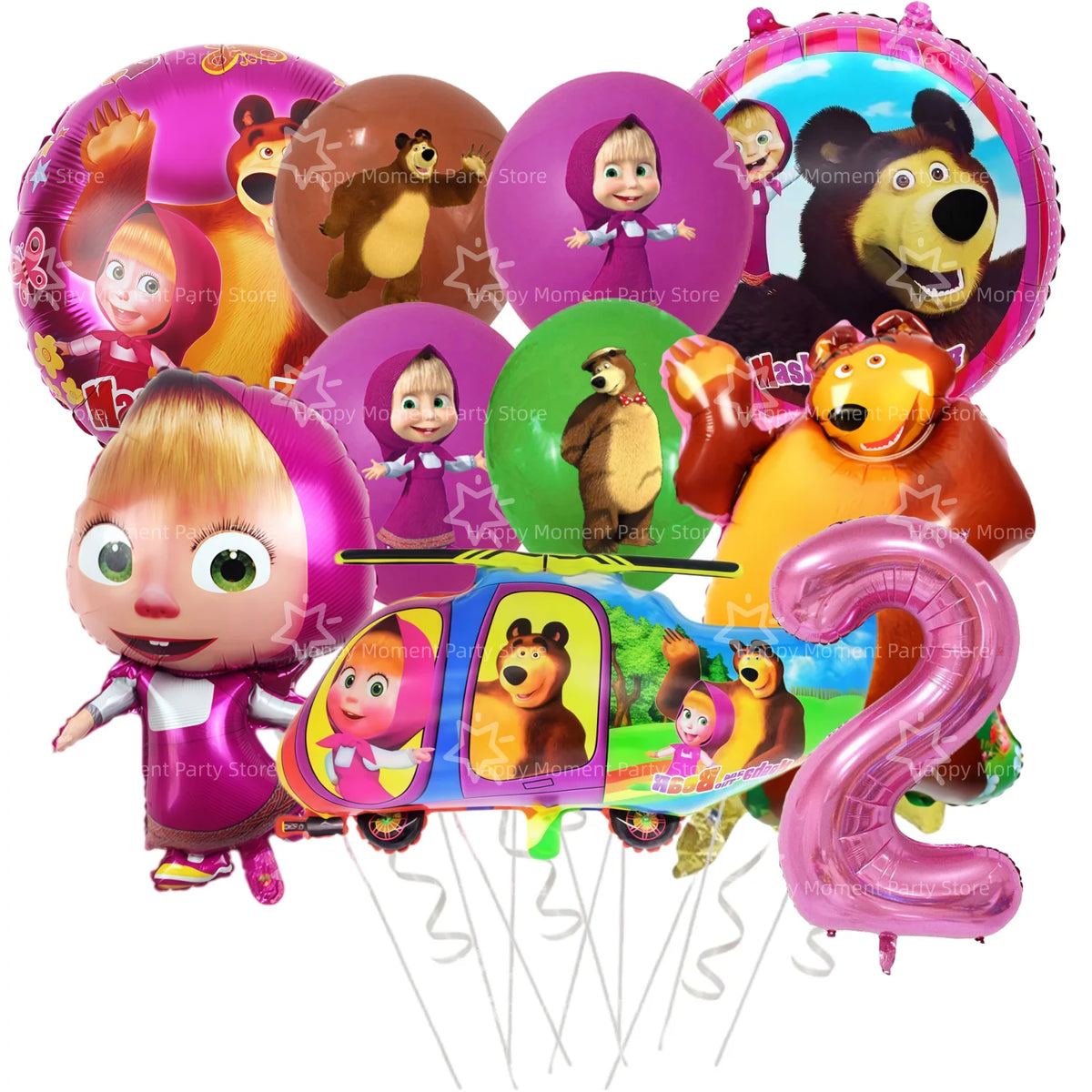 A set of pink and yellow balloons featuring characters from Masha and Bear for a party decoration