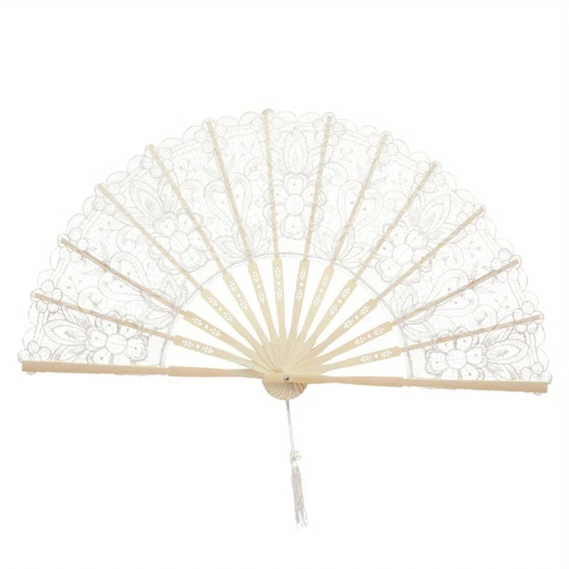 Elegant hollowout lace handheld fan in beige color with a delicate pattern