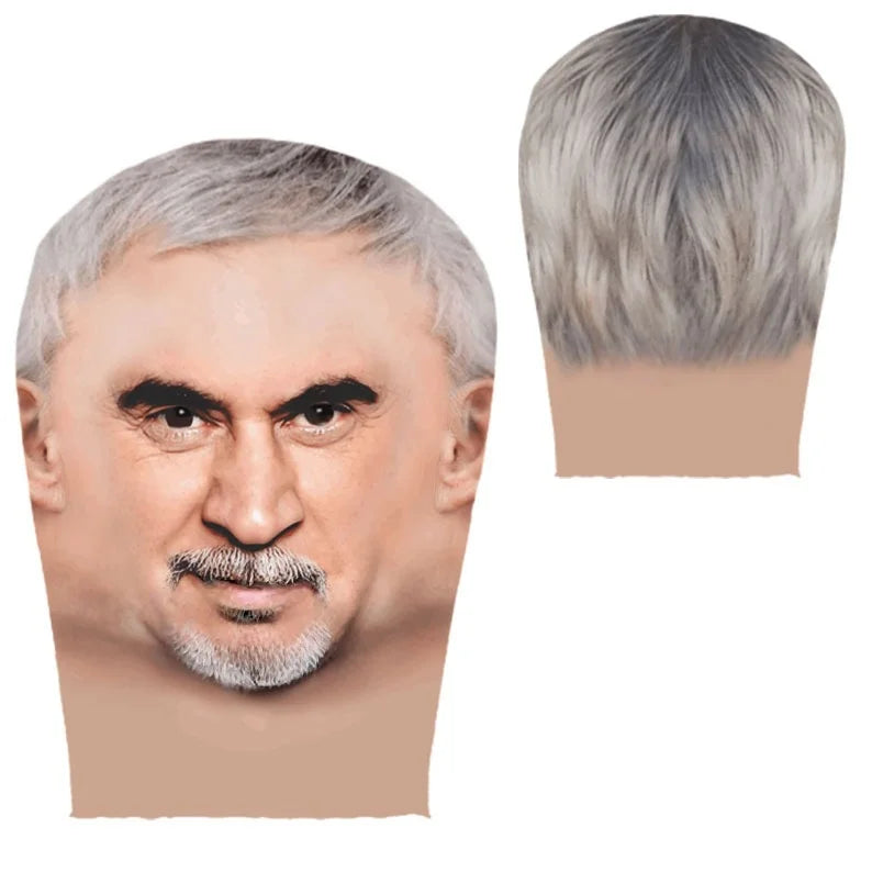 A double-sided full face balaclava mask shown on a person's face and a separate hairpiece.
