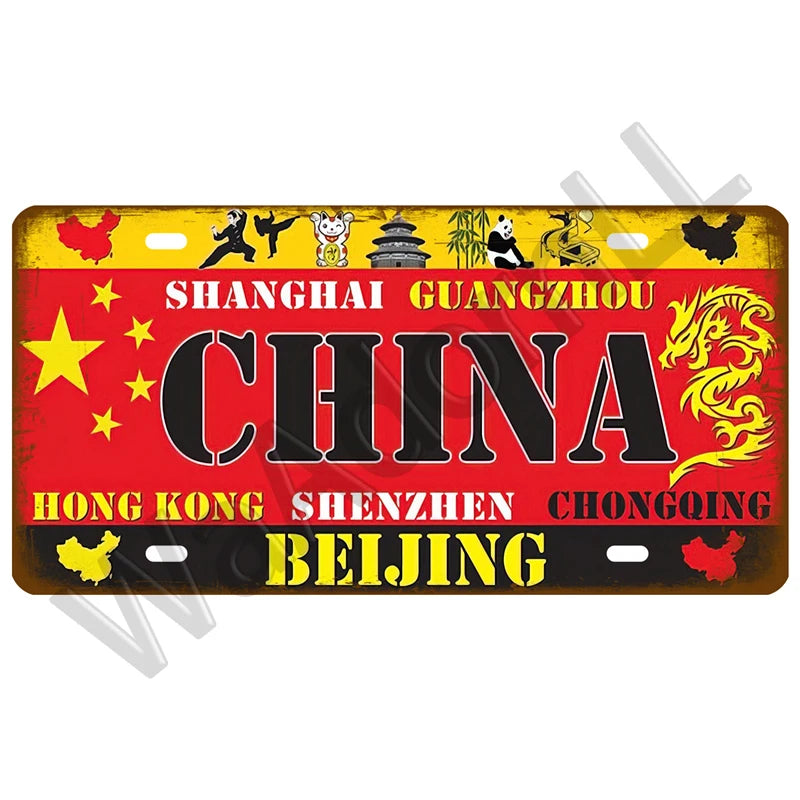 Vintage metal tin sign featuring various Chinese cities and symbols like a dragon and animals on a red background.