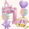A set of seven pink balloons including a number one balloon, a castle balloon, and a golden carriage balloon for a birthday p
