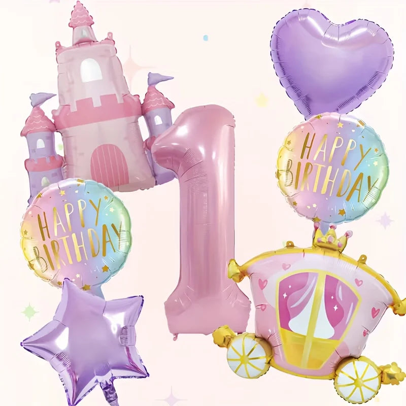 A set of seven pink balloons including a number one balloon, a castle balloon, and a golden carriage balloon for a birthday p