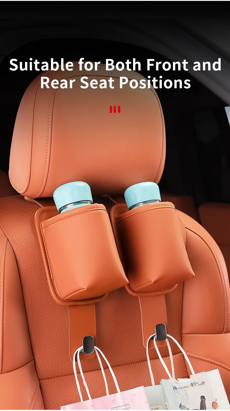 A car seat back organizer with headrest hangers shown in a light orange color, suitable for both front and rear seats.