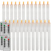 A row of white flameless LED taper candles with a remote timer and control panel.