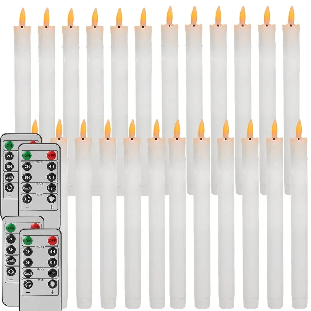 A row of white flameless LED taper candles with a remote timer and control panel.