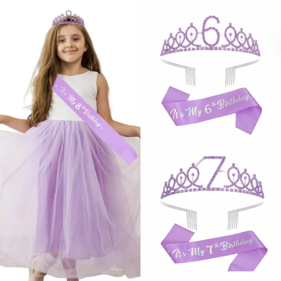 A young girl wearing a purple tulle dress and a purple tiara crown sash set for her birthday