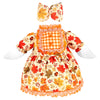A yellow and orange fall dress for a goose featuring an orange plaid bodice, floral print skirt, and matching bow.
