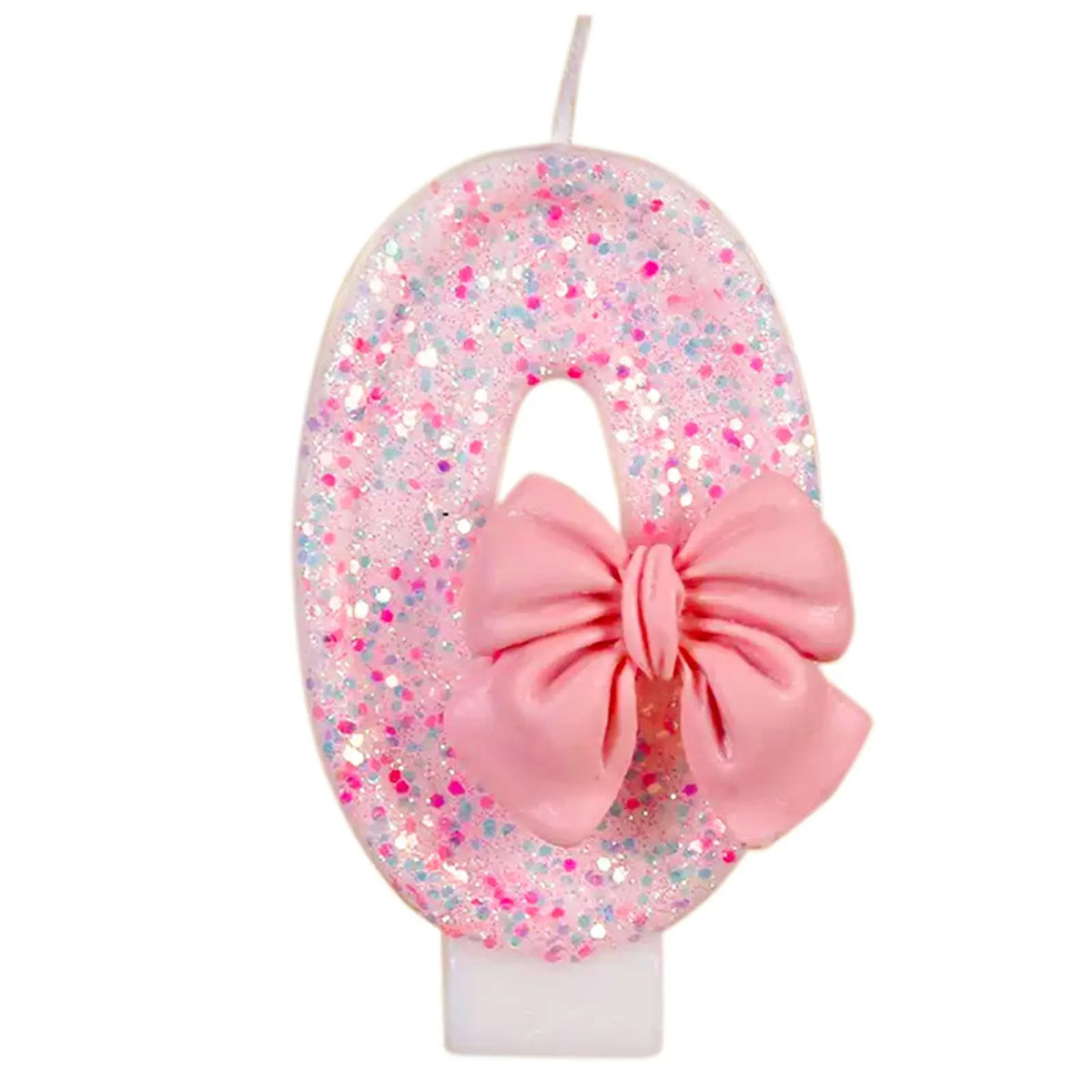 Pink glitter number cake candle shaped like the number 0 with a pink bow