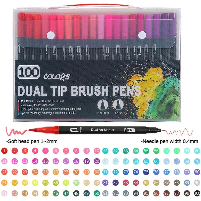 A set of 100 dual tip brush pens featuring various colors and fine liners for art and design.