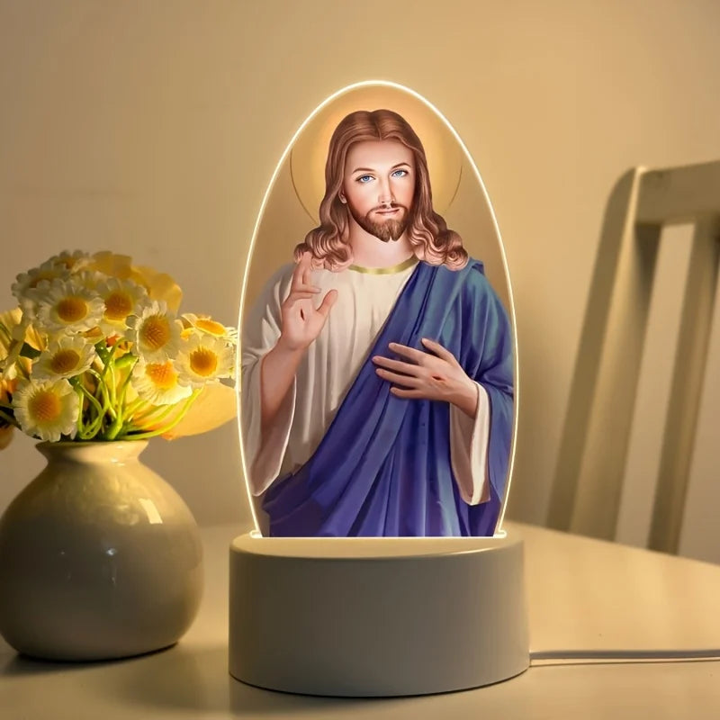 Illuminated Jesus Christ night light featuring a painted figure of Jesus with long hair and beard.