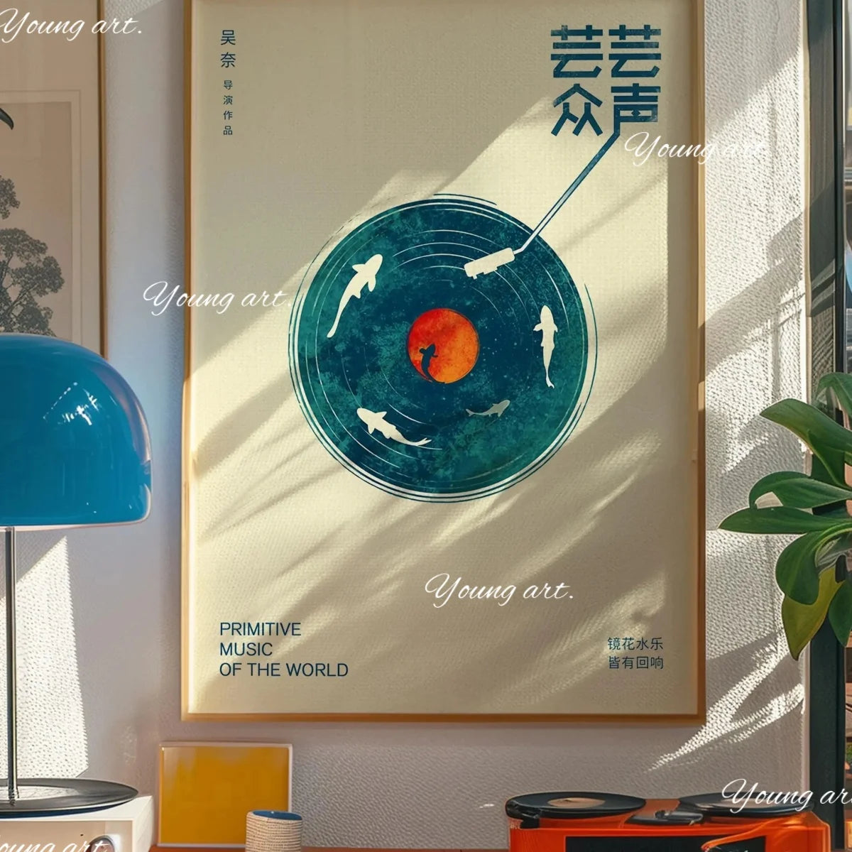 A framed canvas art print featuring a stylized illustration of a sun and silhouettes of birds on a teal background.