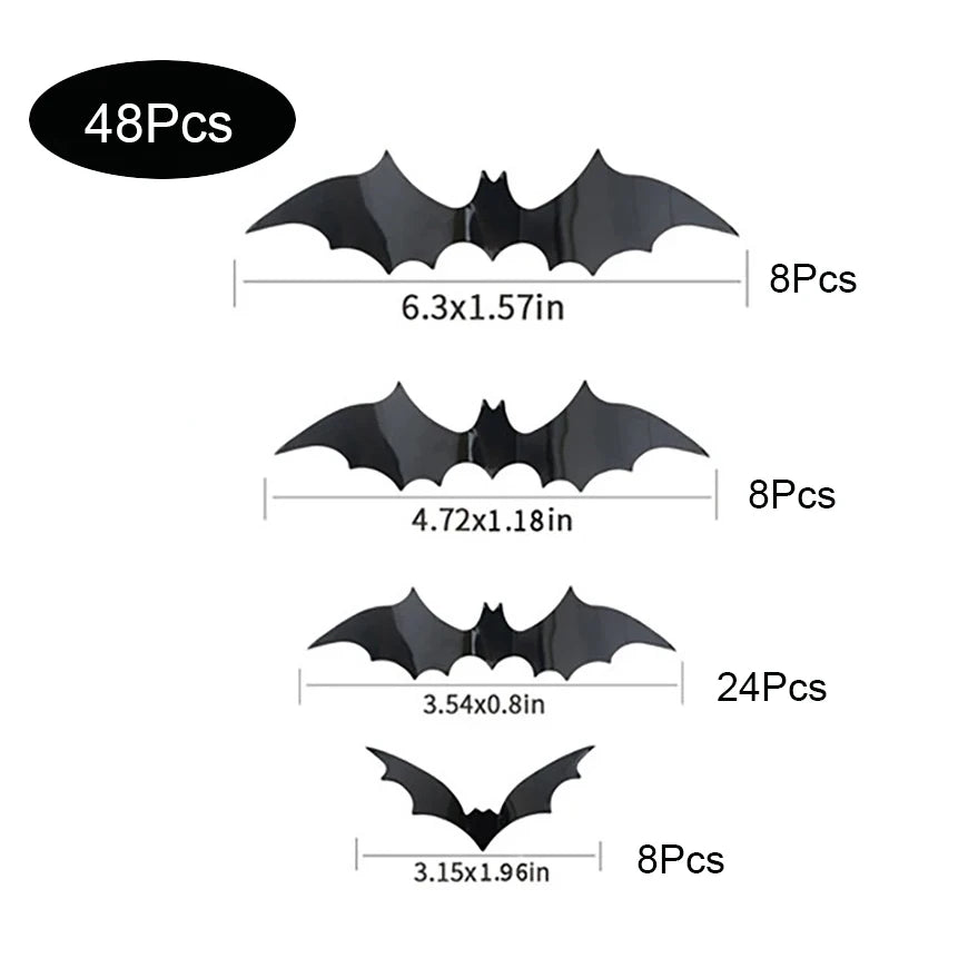 A collection of black PVC bat wall decor pieces shown in various quantities and sizes.