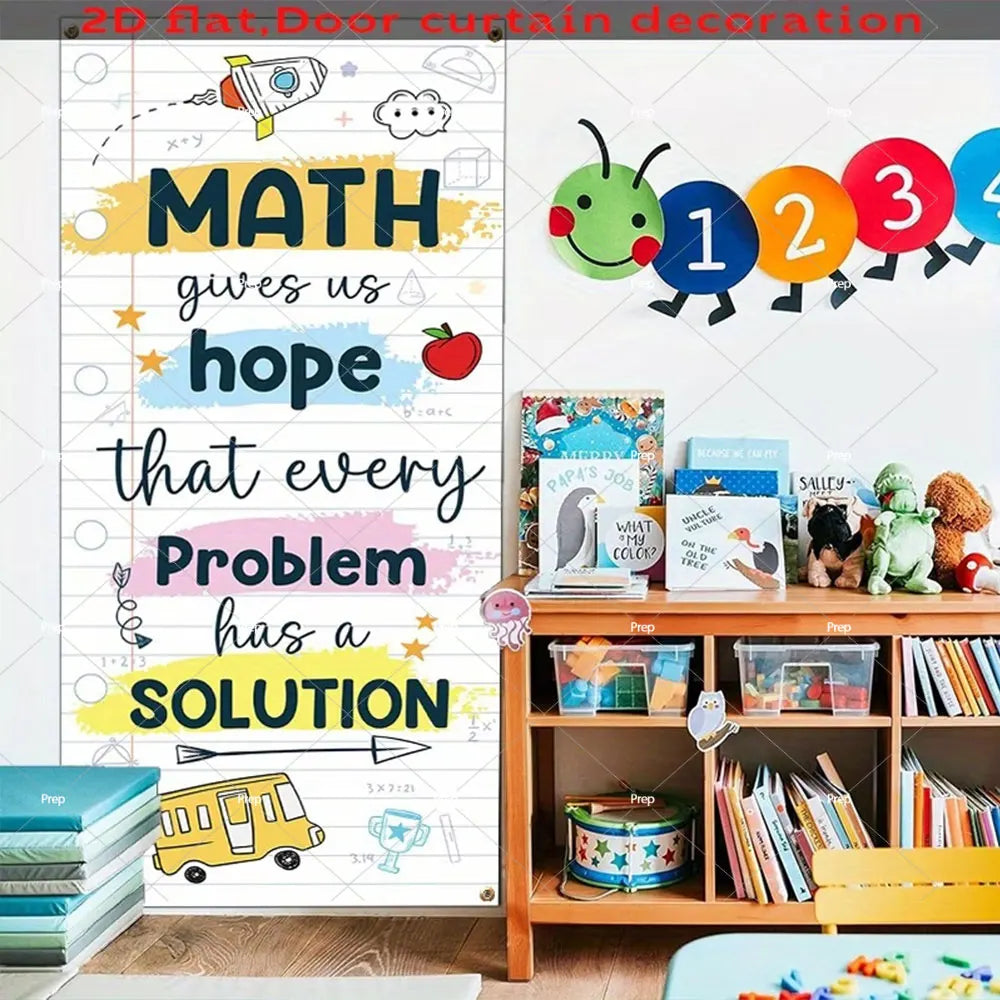 A vertical banner decor featuring math concepts like hope and solutions, with numbers 1, 2, and 3 displayed.