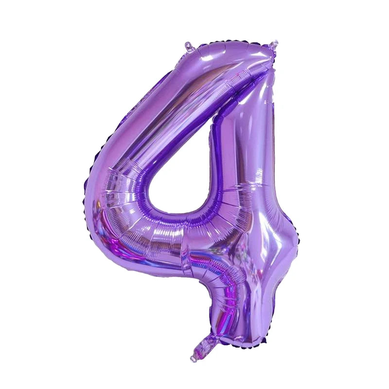 A purple foil number balloon shaped like the number 4.