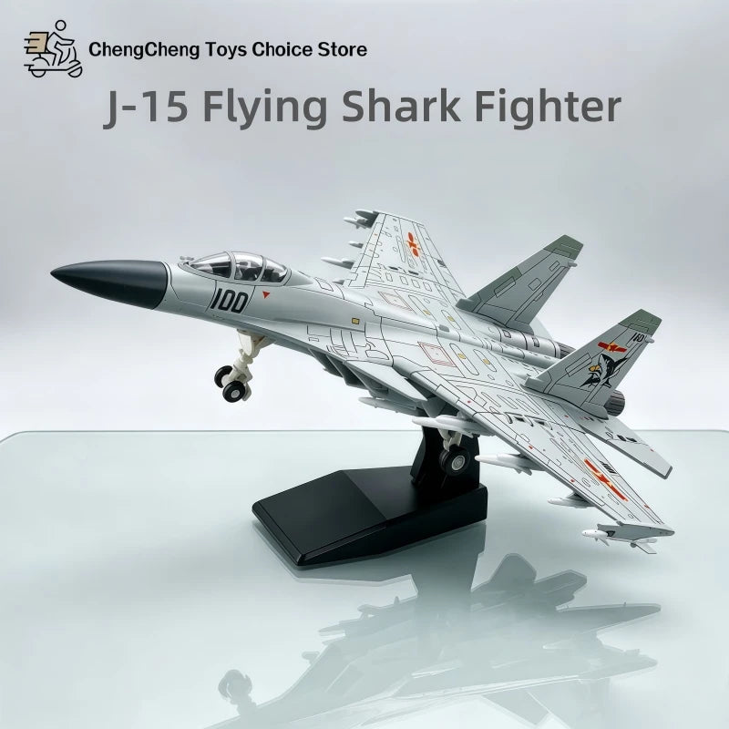 A model of a J-15 Flying Shark Fighter jet built from building blocks displayed on a white surface.